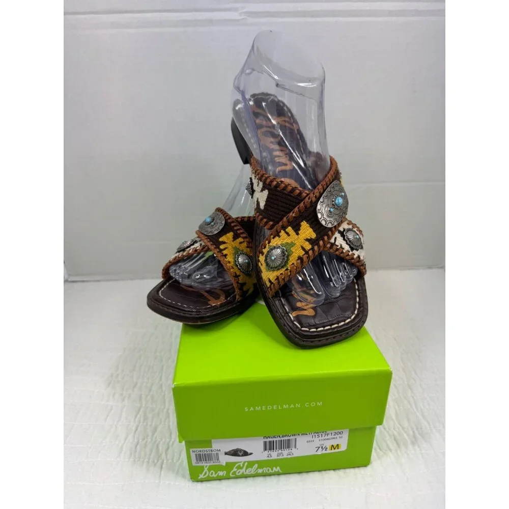 Sam Edelman Brown Multi Leather Embellished Slide Sandals - Picture 4 of 11